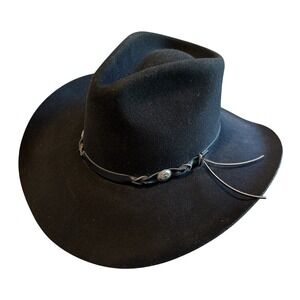 Bailey Tucson 100% Wool 7 1/4 Black Cowboy Hat Satin Lining Leather Silver Trim
